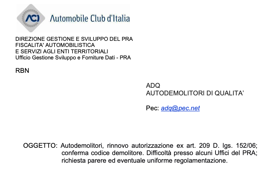 Rinnovo autorizzazione uffici PRA